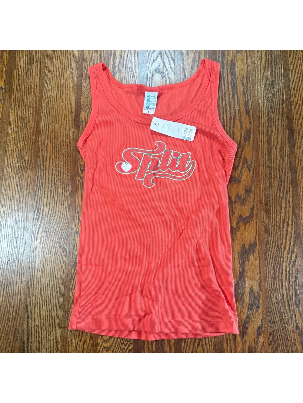 Split Vintage Y2K Red/Coral Ribbed Tank Top Rhinestone Graphic NWT Size L Cotton